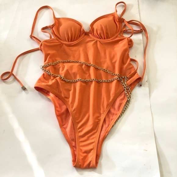 River Island Orange Strappy Chain Detail Underwire One-Piece Swimsuit US 4/8 UK - Picture 12 of 16